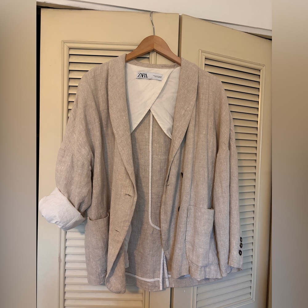 Zara Double-Breasted Linen Blend Jacket in Light Tan Size M oversized styling - Picture 2 of 4